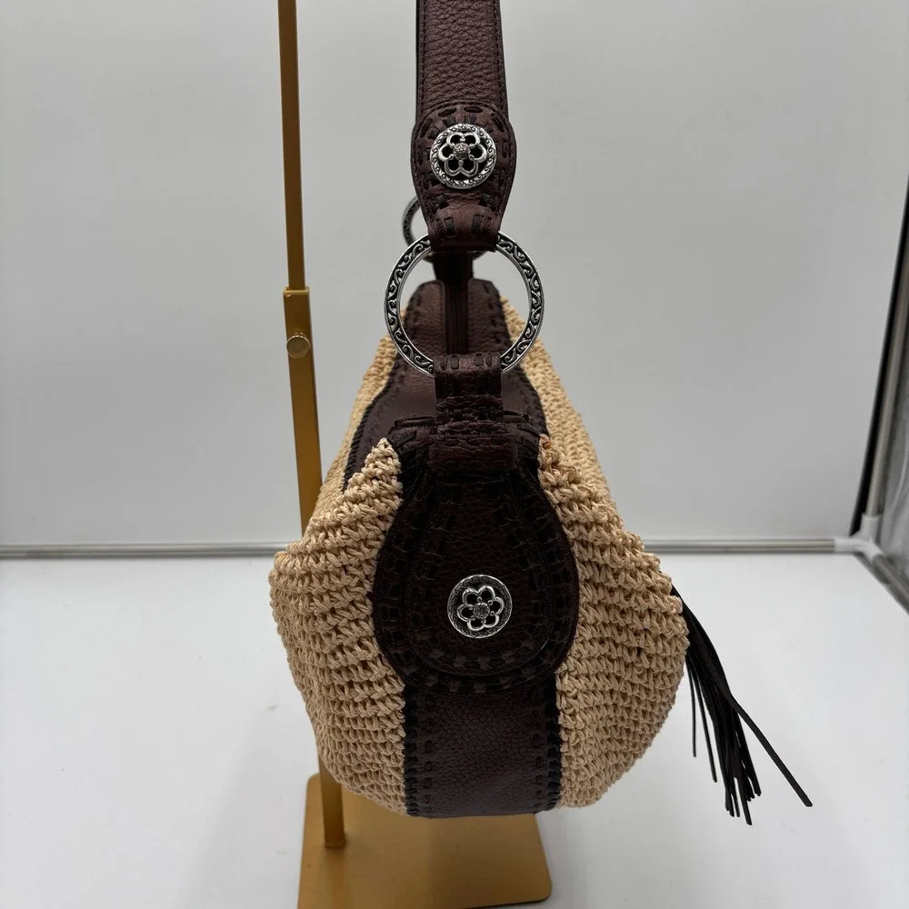 Brighton Woven Straw Leather Shoulder Bag Brown‎ Fringe Trim Boho Hobo